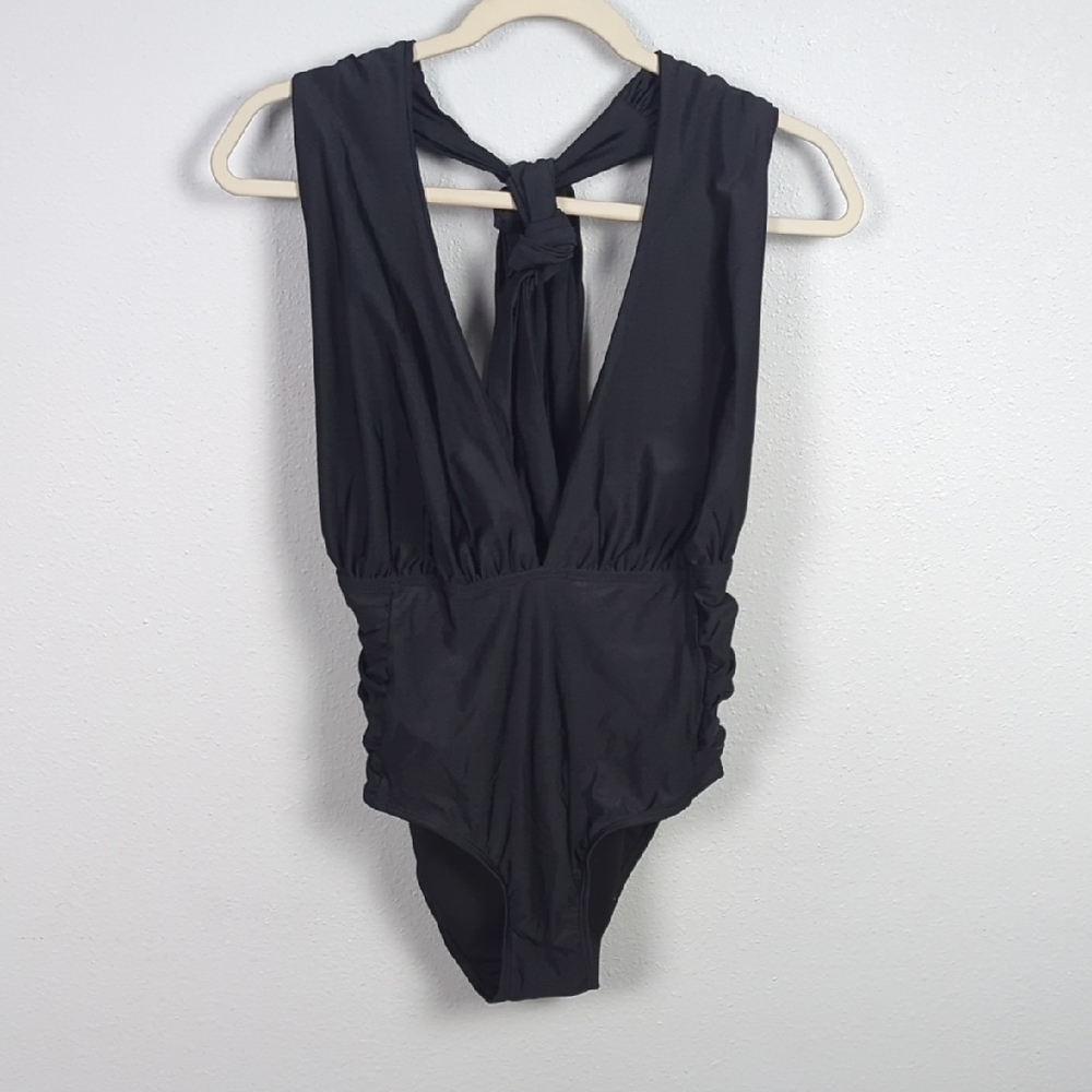 NWOT Nichole Miller Halter Black Ruched One Piece Swimsuit Size Med - Picture 3 of 6